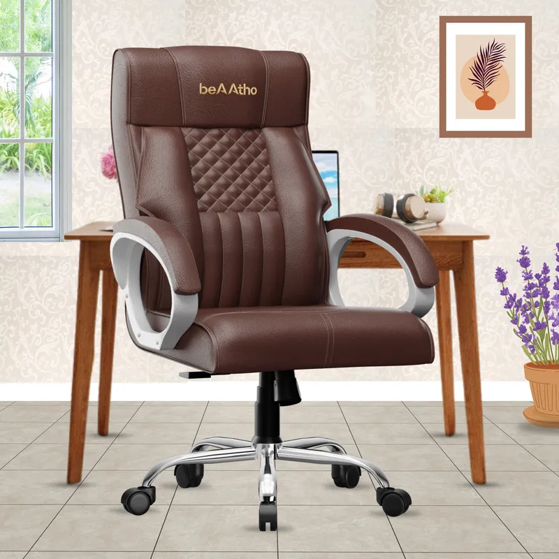 beAAtho Oxford Leatherette Executive Boss Chair | High Back | Metal Base | 3-Year Warranty (Brown)