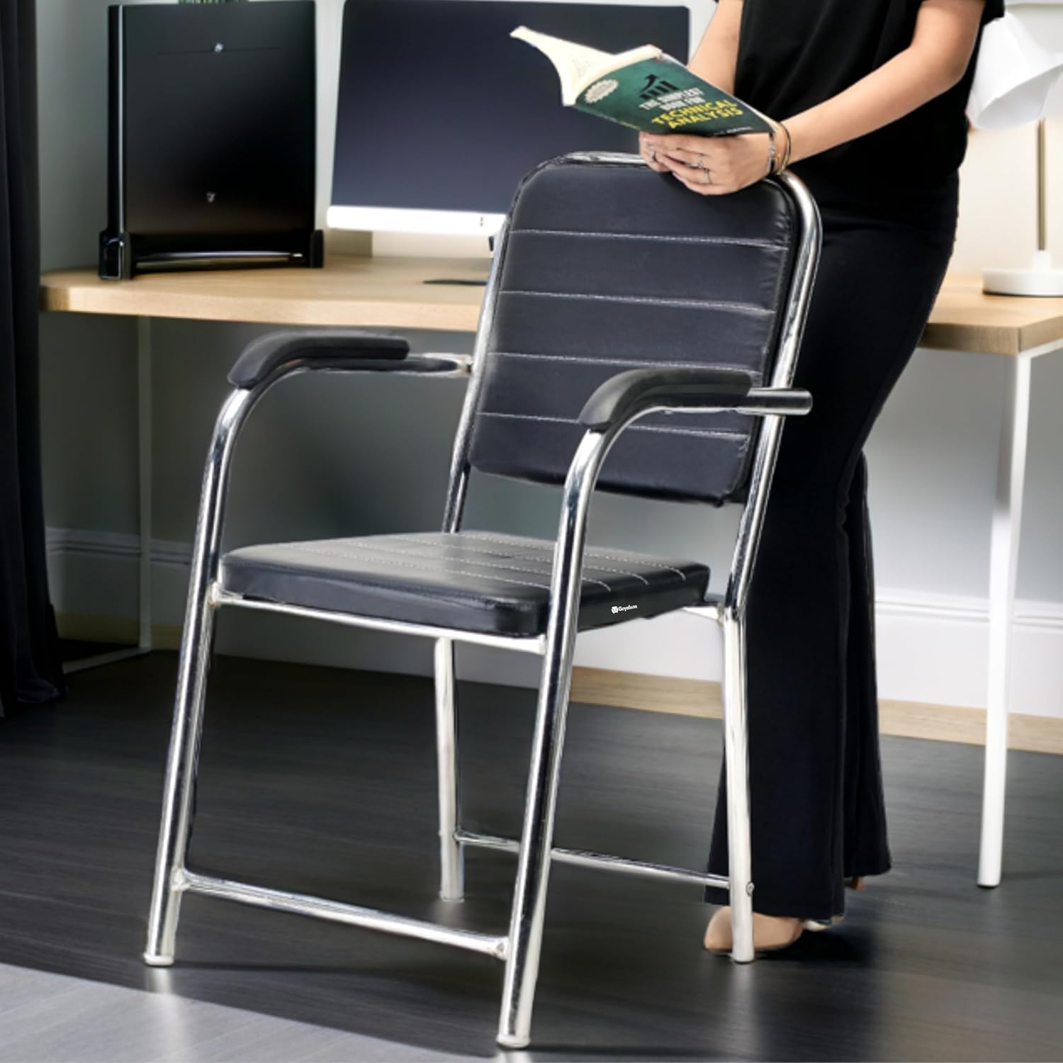 Office Chair Visitor Chair with arm Rest with Steel Frame and Cushioned seat Back, Chair Without Wheels Holds up to 125 kg Heavy Design (1, Black, Heavy)