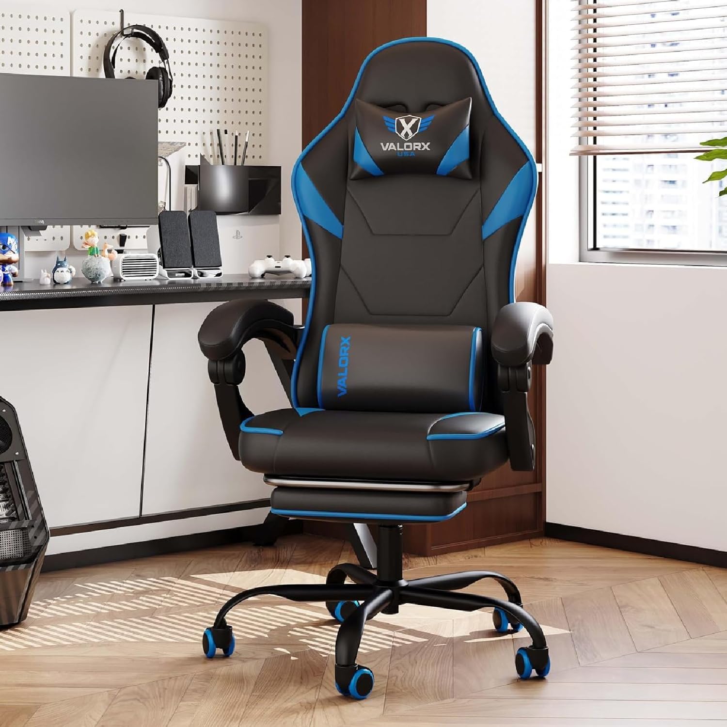 Valor X USA Striker 2026 Edition | Ergonomic Gaming & Office Computer Chair | Premium PU Leather | Dual Massager Back Support | Adjustable Neck & Lumbar Pillow | Ergo Sync Armrests | Footrest (Blue)