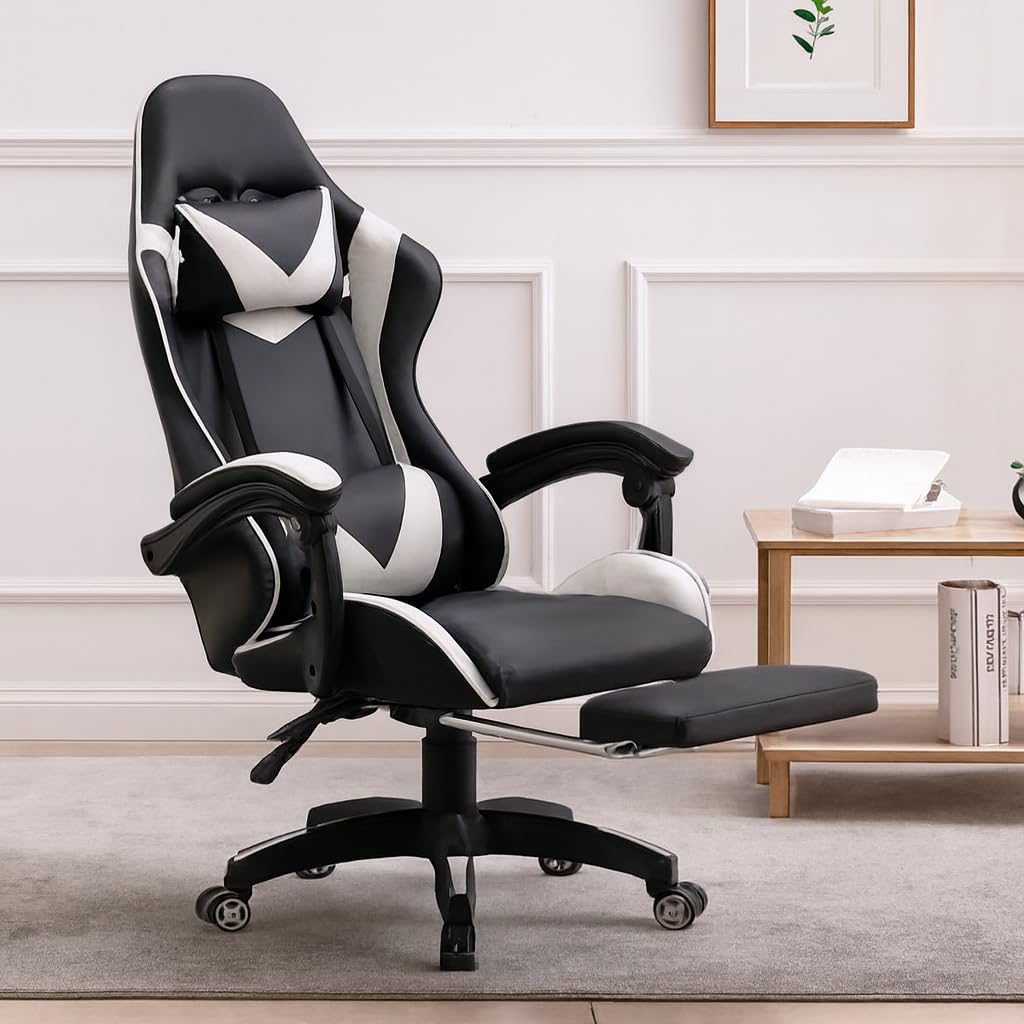 Gaming Chair Adjustable Seat Height, 135° Recline High Back PU Leather Modern Ergonomic with Lumbar Support Retractable Foot Rest with Lumber Massager White and Black